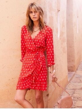 Sezane Elena Red Printed Wrap Dress with Ruffle Accent s 36